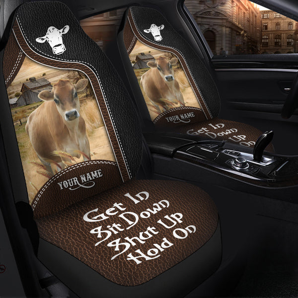Joycorners Jersey Personalized Name Black And Brown Leather Pattern Car Seat Covers Universal Fit (2Pcs)