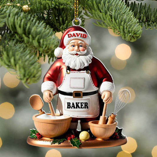 Joycorners Custom Name Baking Santa Ornament, Christmas Gift for Baker 2D Flat LM2211