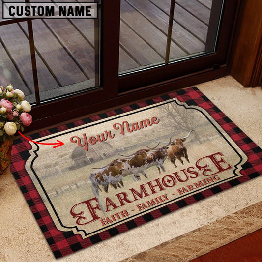 Joycorners Texas Longhorn Faith Family Farming Custom Name Doormat