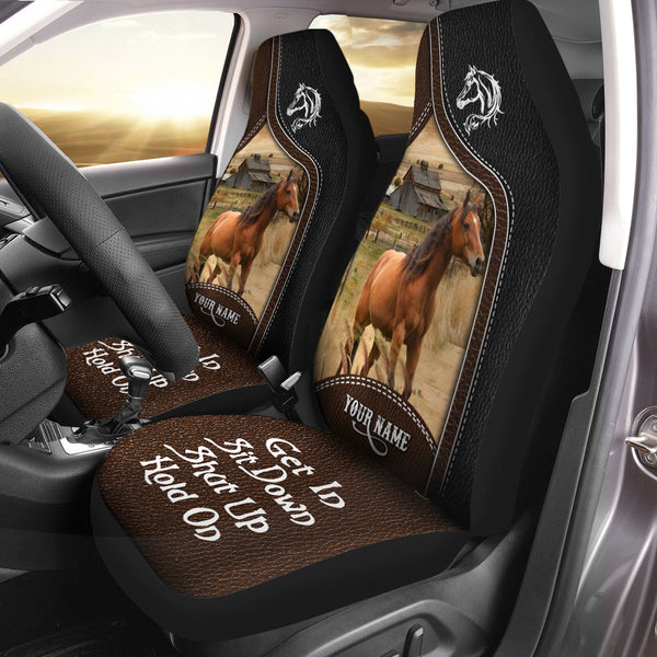 Joycorners Brown Horse Personalized Name Black And Brown Leather Pattern Car Seat Covers Universal Fit (2Pcs)