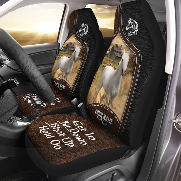 Joycorners White Horse Personalized Name Black And Brown Leather Pattern Car Seat Covers Universal Fit (2Pcs)