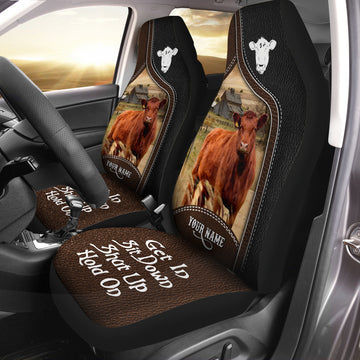 Joycorners Red Angus Personalized Name Black And Brown Leather Pattern Car Seat Covers Universal Fit (2Pcs)