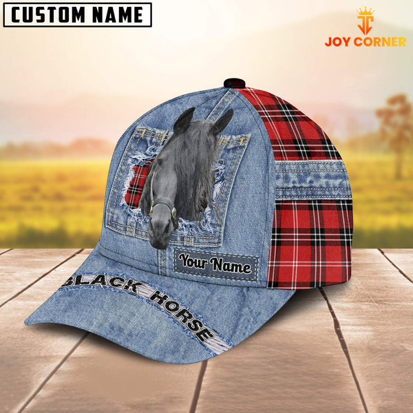 Joycorners Black Horse Overall Jeans Pattern And Red Caro Pattern Customized Name Cap