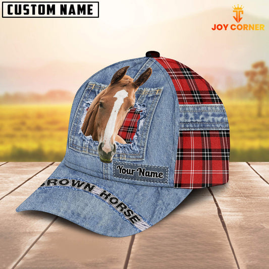 Joycorners Brown Horse Overall Jeans Pattern And Red Caro Pattern Customized Name Cap