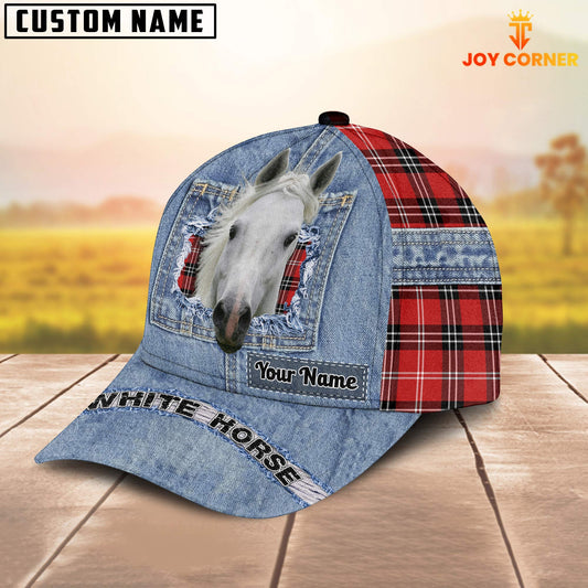 Joycorners White Horse Overall Jeans Pattern And Red Caro Pattern Customized Name Cap