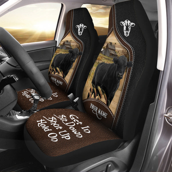 Joycorners Black Angus Personalized Name Black And Brown Leather Pattern Car Seat Covers Universal Fit (2Pcs)