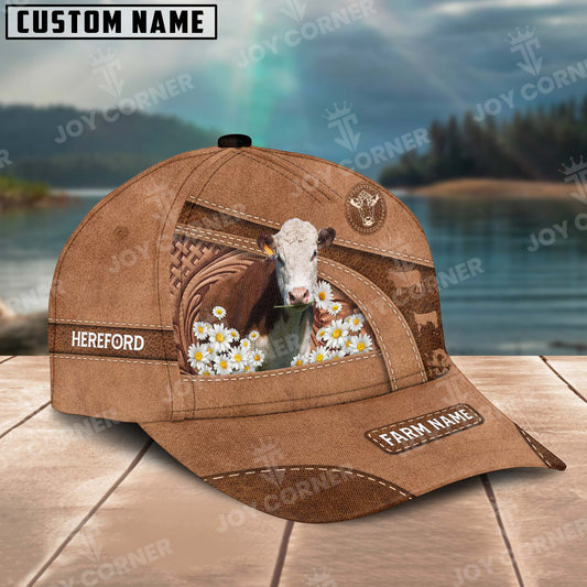 Joycorners Hereford Personalized Name Brown Carving Leather Pattern 3D Classic Cap 2