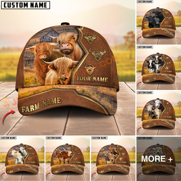 Joycorners Cow Family Rustic Leather Farm View Custom Name 3D Cap (10 cattle Breeds)
