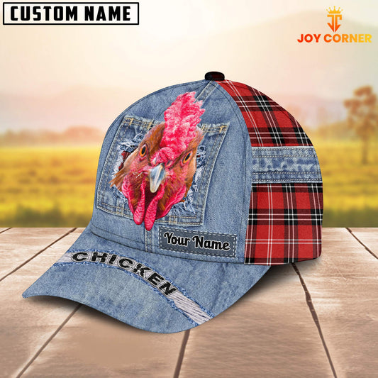 Joycorners Chicken Overall Jeans Pattern And Red Caro Pattern Customized Name Cap