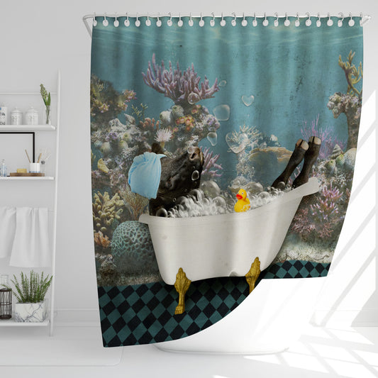 Joy Corners Black Angus Taking Shower Under The Sea 3D Shower Curtain