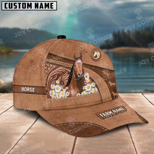 Joycorners Horse Personalized Name Brown Carving Leather Pattern 3D Classic Cap 2