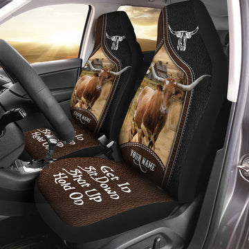 Joycorners Texas Longhorn Personalized Name Black And Brown Leather Pattern Car Seat Covers Universal Fit (2Pcs)