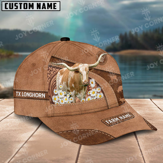 Joycorners Texas Longhorn Personalized Name Brown Carving Leather Pattern 3D Classic Cap 2