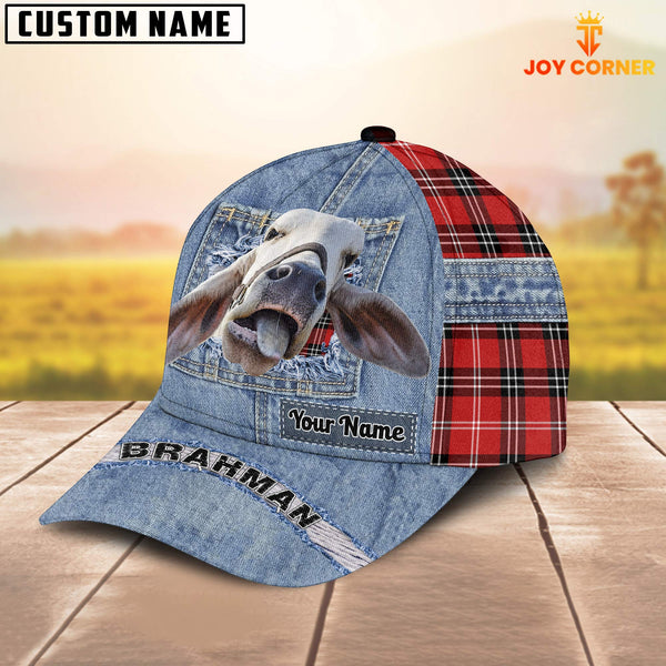 Joycorners Brahman Cattle Overall Jeans Pattern And Red Caro Pattern Customized Name Cap