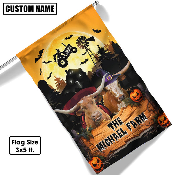 Joycorners Farm Texas Longhorn Halloween Custom Name 3D Flag