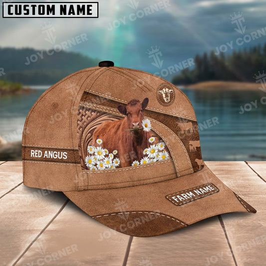 Joycorners Red Angus Personalized Name Brown Carving Leather Pattern 3D Classic Cap 2