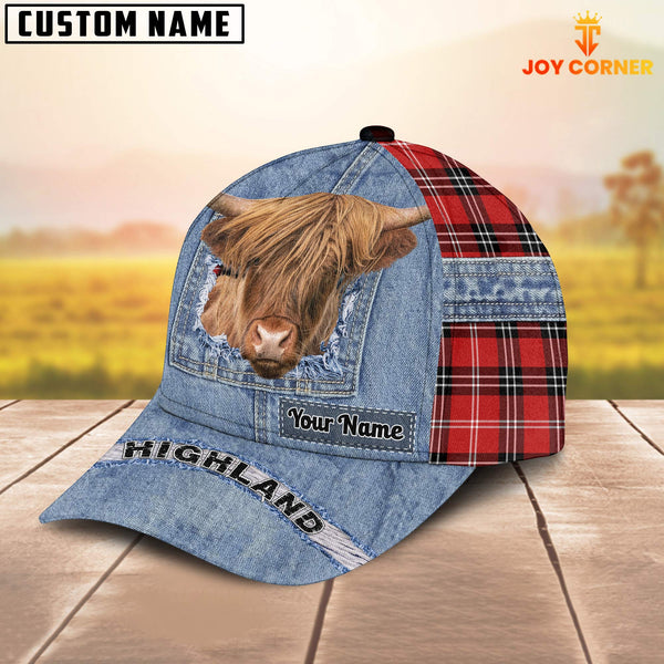 Joycorners Highland Cattle Overall Jeans Pattern And Red Caro Pattern Customized Name Cap