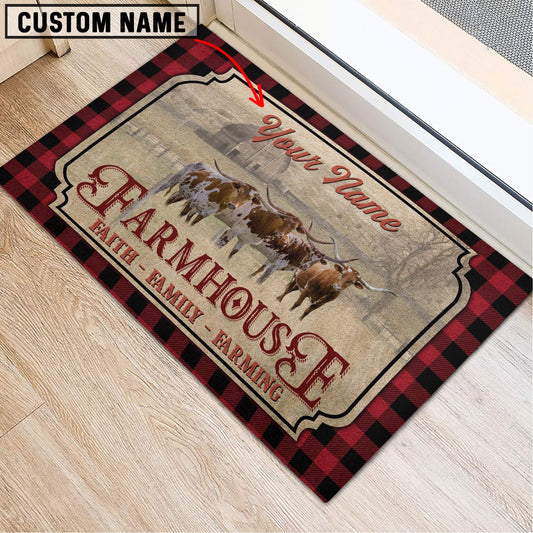 Joycorners Texas Longhorn Faith Family Farming Custom Name Doormat