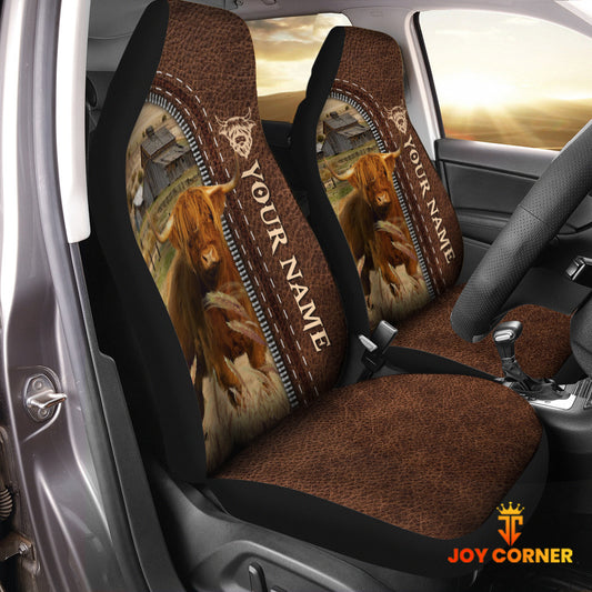 Joycorners Highland Personalized Name Leather Pattern Car Seat Covers Universal Fit (2Pcs)