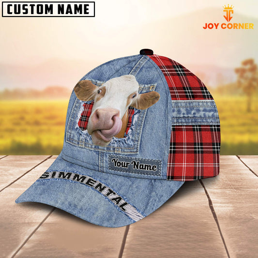 Joycorners Simmental Overall Jeans Pattern And Red Caro Pattern Customized Name Cap