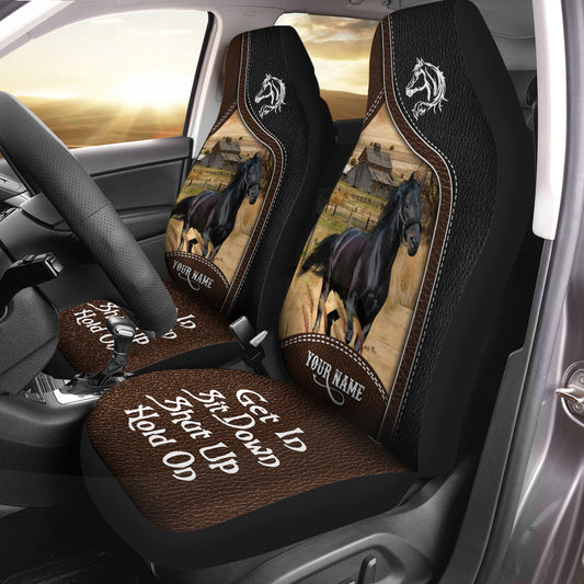 Joycorners Black Horse Personalized Name Black And Brown Leather Pattern Car Seat Covers Universal Fit (2Pcs)