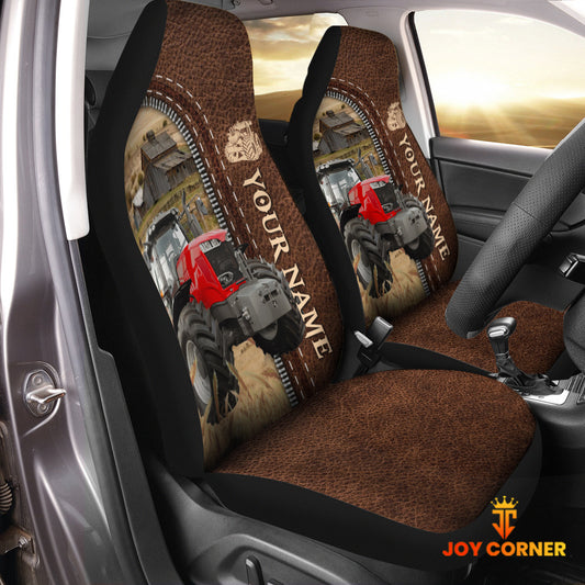 Joycorners Red Tractor Personalized Name Leather Pattern Car Seat Covers Universal Fit (2Pcs)