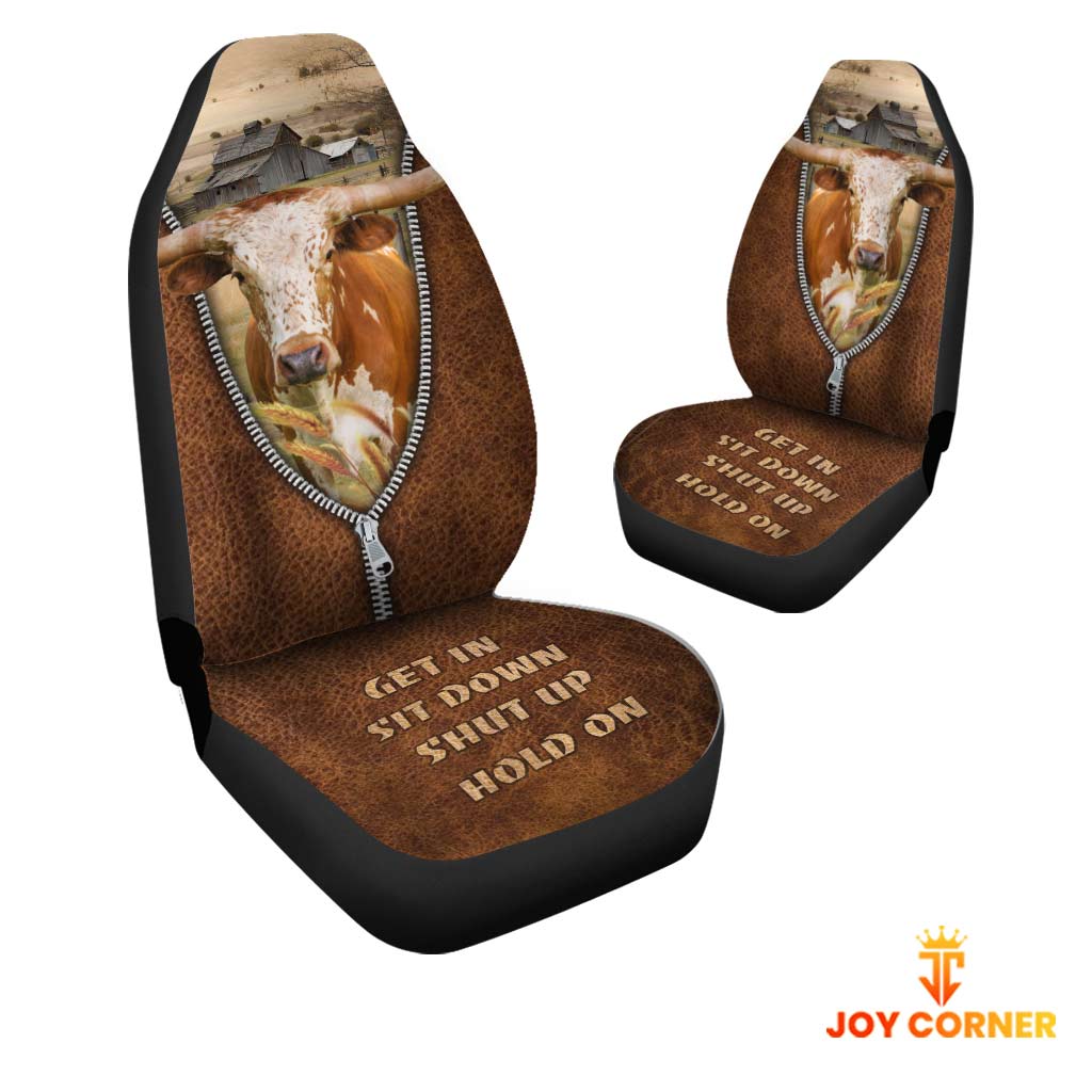 Joycorners Texas Longhorn Zipper Leather Pattern Car Seat Covers Universal Fit (2Pcs)