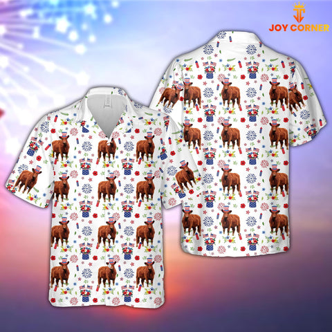 Joy Corners Red Angus American Flag And Firework Pattern Hawaiian Shirt