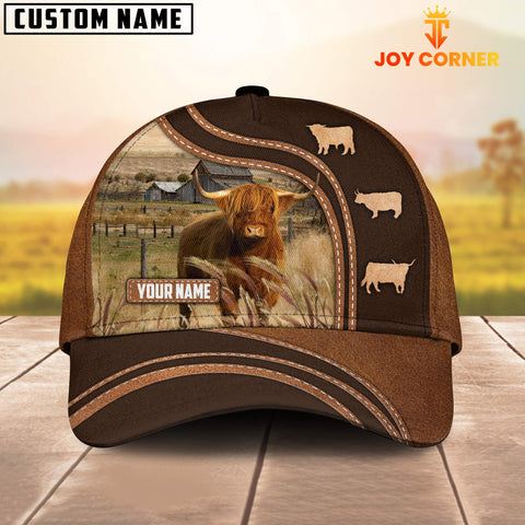 Joycorners Highland Cattle Leather Brown Pattern Customized Name Cap