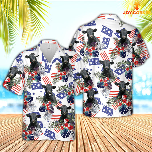 Joy Corners Black Angus American Little Flowers And Flag Pattern Hawaiian Shirt