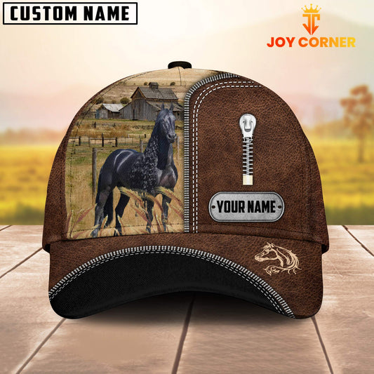 Joycorners Black Horse Leather Zip Pattern Customized Name Cap