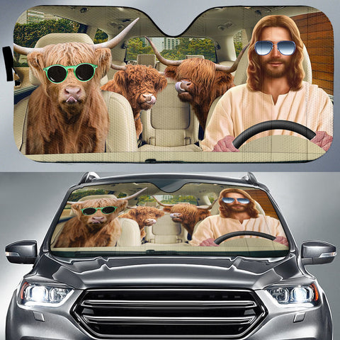 Joycorners Jesus Driving Highland Cattle All Over Printed 3D Sun Shade