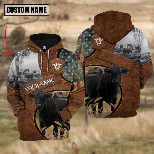 Joycorners Farm Black Angus American Leather Pattern 3D Custom Name Shirts