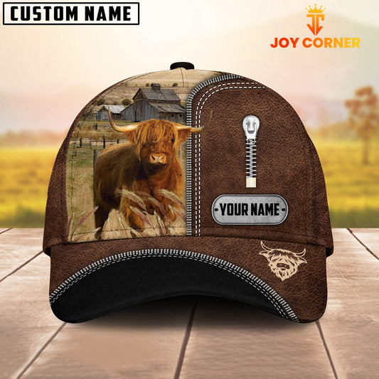 Joycorners Highland Cattle Leather Zip Pattern Customized Name Cap