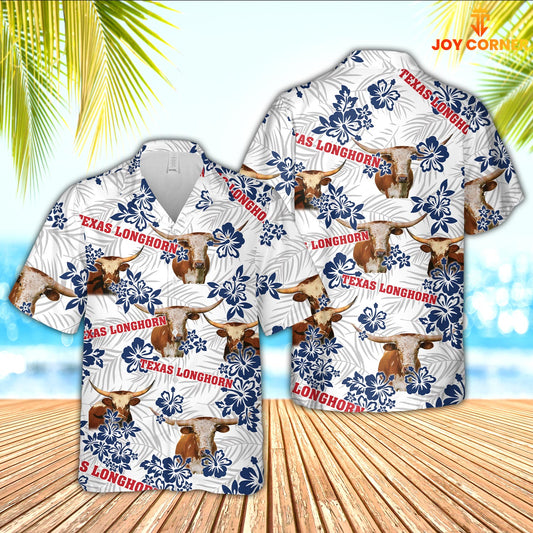 Joy Corners Texas Longhorn American White Flowers Pattern Hawaiian Shirt