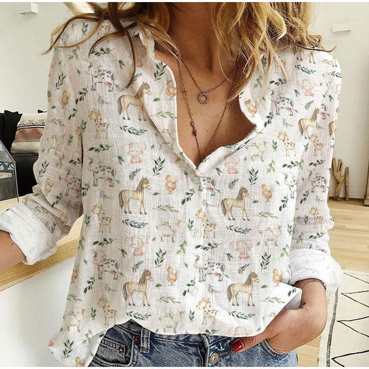 Joycorners Farm Animal Leaves Pattern Casual Shirt