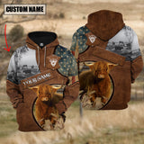 Joycorners Farm Highland Cattle American Leather Pattern 3D Custom Name Shirts