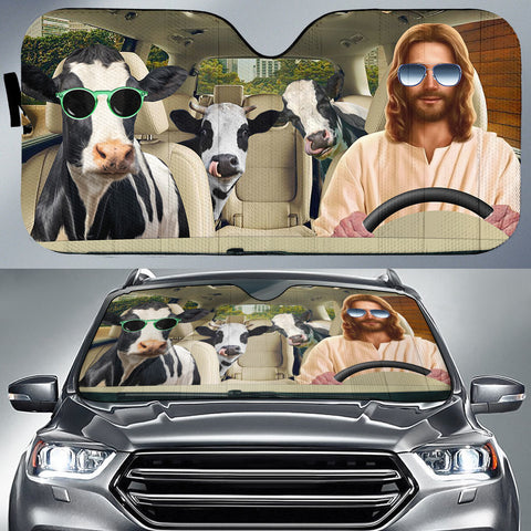Joycorners Jesus Driving Holstein Cattle All Over Printed 3D Sun Shade