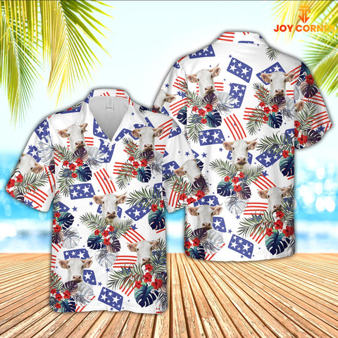 Joy Corners Charolais American Little Flowers And Flag Pattern Hawaiian Shirt