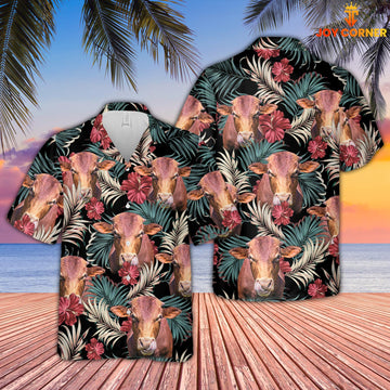 Joy Corners Beefmaster Dark Red Flowers Pattern Hawaiian Shirt