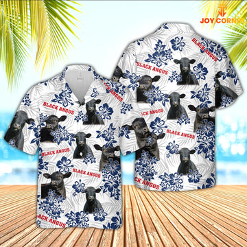 Joy Corners Black Angus American White Flowers Pattern Hawaiian Shirt