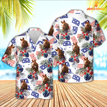 Joy Corners Horse American Little Flowers And Flag Pattern Hawaiian Shirt