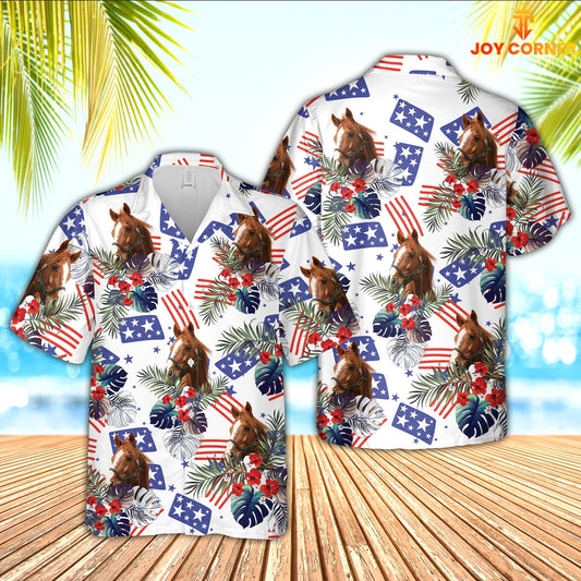 Joy Corners Horse American Little Flowers And Flag Pattern Hawaiian Shirt