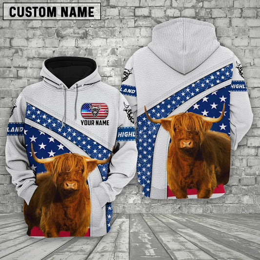 Joycorners Farm Highland Cattle American Flag Custom Name 3D Shirts