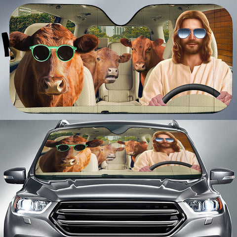 Joycorners Jesus Driving Red Angus Cattle All Over Printed 3D Sun Shade