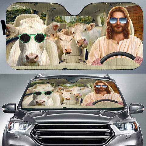 Joycorners Jesus Driving Charolais Cattle All Over Printed 3D Sun Shade