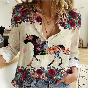 Joycorners Horse Floral Pattern Casual Shirt