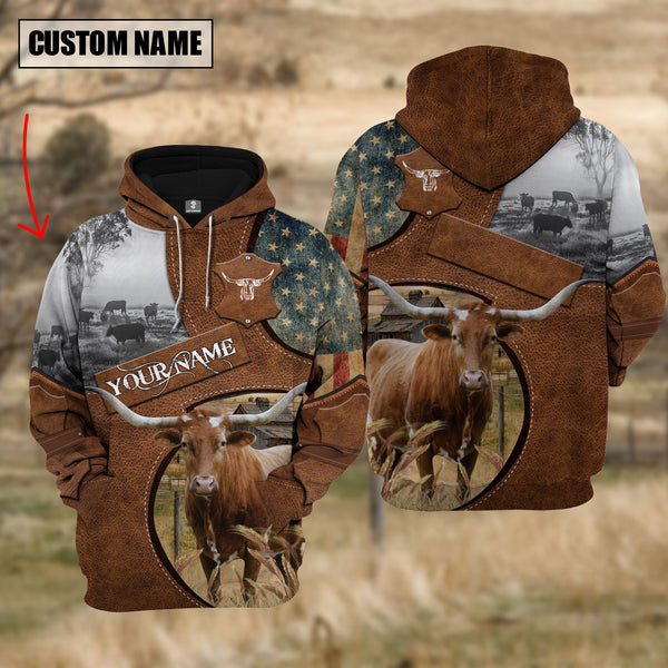 Joycorners Farm Texas Longhorn American Leather Pattern Custom Name 3D Shirts