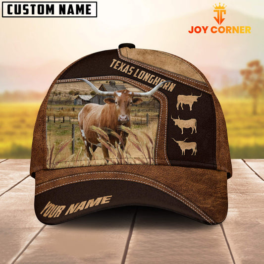 Joy Corners Texas Longhorn On Farm Brown Leather Pattern Customized 3D Cap