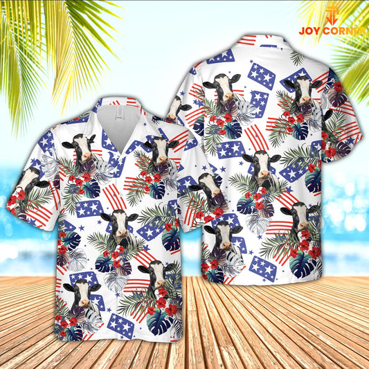 Joy Corners Holstein American Little Flowers And Flag Pattern Hawaiian Shirt